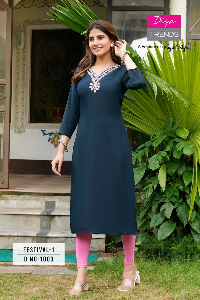 Festival Vol 1 By Diya Trends Roman Silk Embroidery Kurtis Suppliers In India